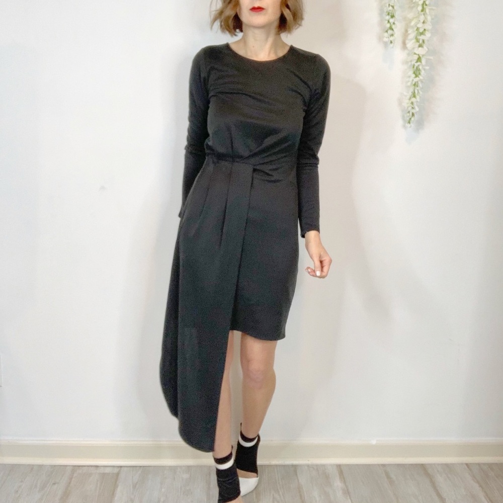 NWT BAR III black long sleeve dress asymmetrical hem draped panel 2087